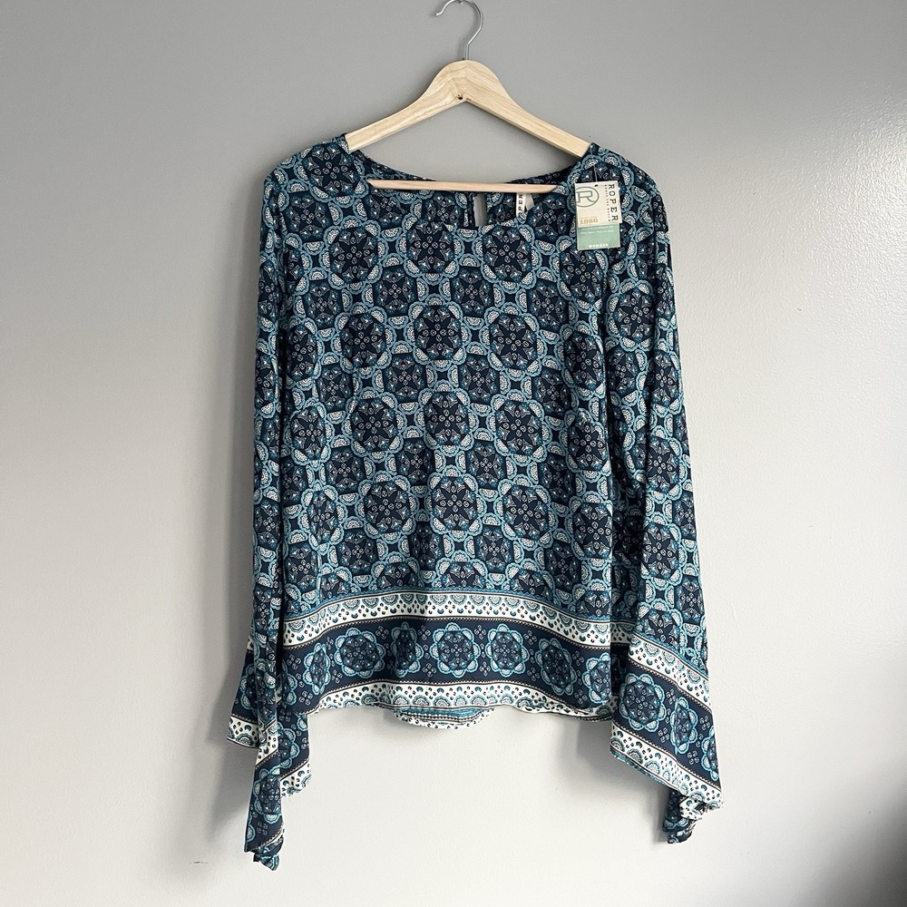 Roper Women's Bell Sleeve Blouse Cowgirl Boho Long Sleeve Back Buttons L NWT